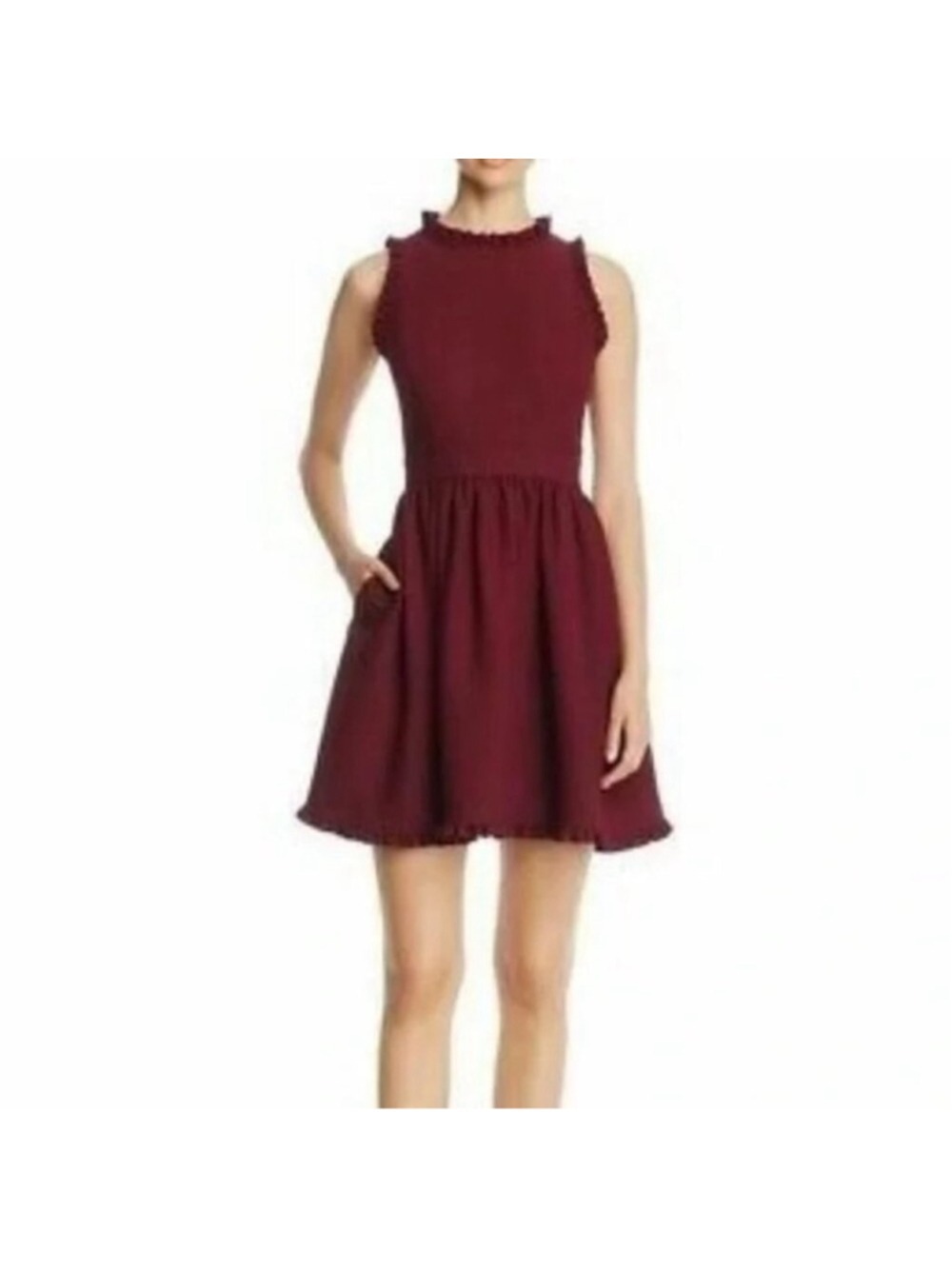 Kate Spade Ruffle Fit and Flare Pockets Dress Burgundy Size 0 NWOT